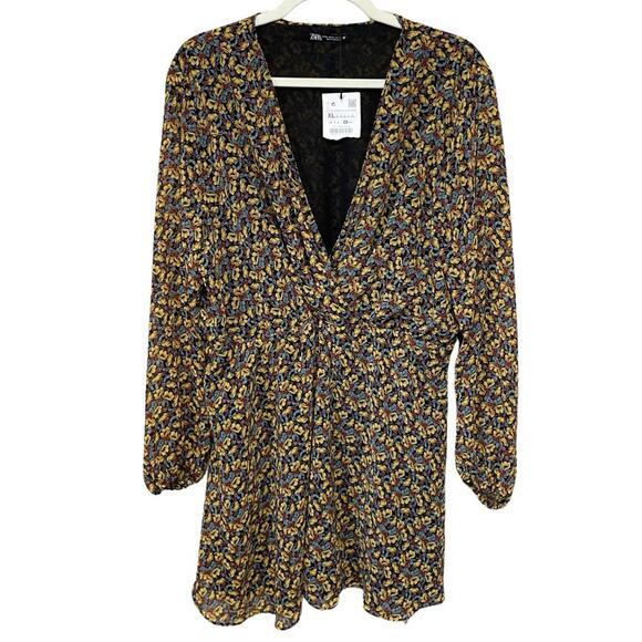 ZARA Long Sleeve Deep V Mini Dress Size XL Mustard Floral Elastic Waist NEW - Picture 1 of 11